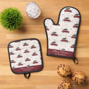 Vintage Red Car with Christmas Tree Personalised Oven Mitt & Pot Holder Set