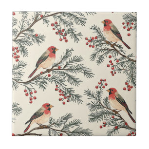Vintage Red Cardinal Pine Berry Cream Christmas Ceramic Tile