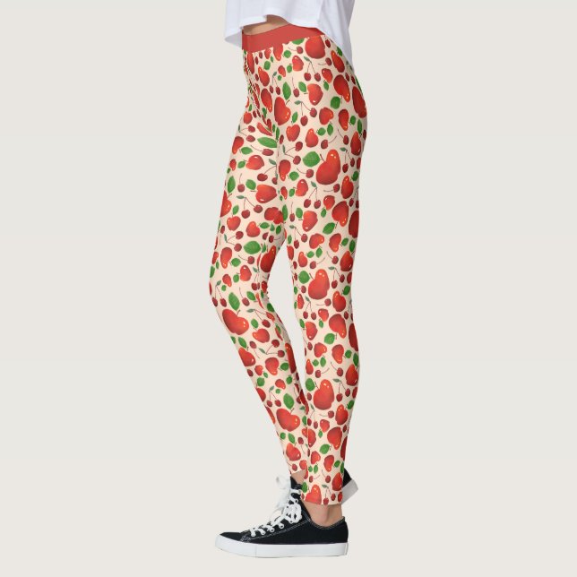 Vintage Red Cherry Fruit Orchard Pattern Leggings (Left)