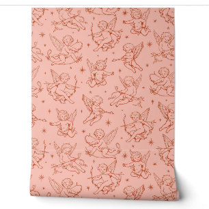 Vintage Red Cherub and Cupid Celestial Toile Wallpaper