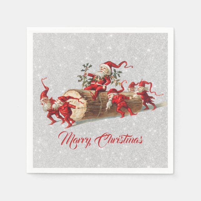 Vintage Red Christmas Elves Holidays Glitter Napkin (Front)
