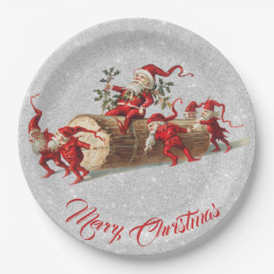 Vintage Red Christmas Elves Holidays Glitter Party Paper Plate