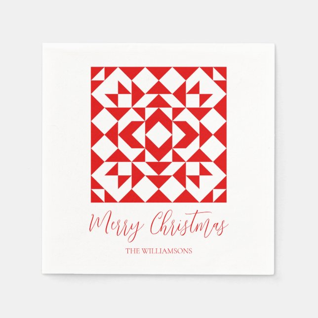 Vintage Red Christmas Geometric Quilt Personalised Napkin (Front)