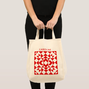 Vintage Red Christmas Geometric Quilt Personalised Tote Bag