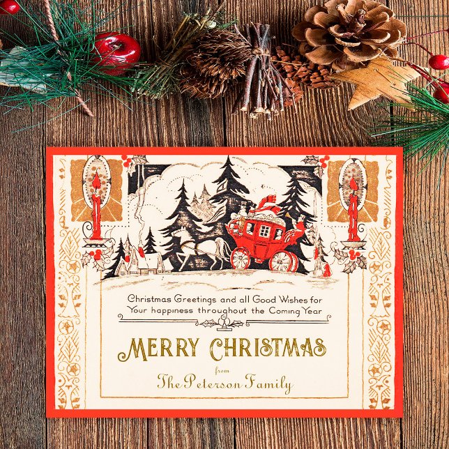 Vintage Red Christmas Greetings Carriage Snow Holiday Postcard (Creator Uploaded)