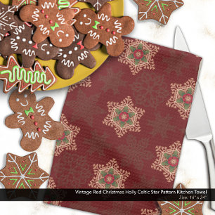 Vintage Red Christmas Holly Celtic Star Pattern Tea Towel