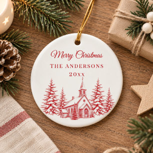 Vintage Red Christmas Toile Church Ceramic Ornament