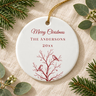 Vintage Red Christmas Toile Tree Birds Winter Ceramic Ornament