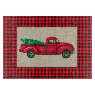 Vintage Red Christmas Tree Truck Cutting Board