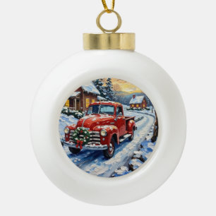 Vintage Red Christmas Truck on Snowy Country Road Ceramic Ball Christmas Ornament