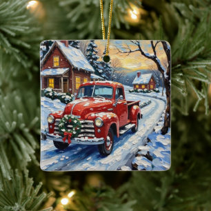 Vintage Red Christmas Truck on Snowy Country Road Ceramic Ornament