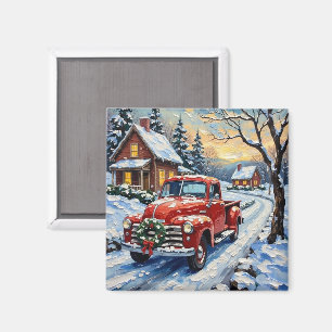 Vintage Red Christmas Truck on Snowy Country Road Magnet
