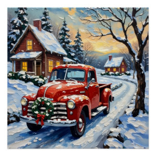 Vintage Red Christmas Truck on Snowy Country Road Poster