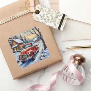 Vintage Red Christmas Truck on Snowy Country Road Square Sticker