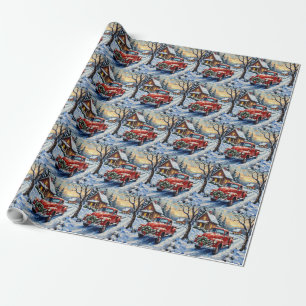 Vintage Red Christmas Truck on Snowy Country Road Wrapping Paper