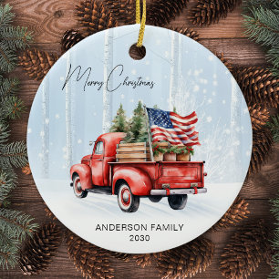 Vintage Red Christmas Truck Personalised USA Flag Ceramic Ornament