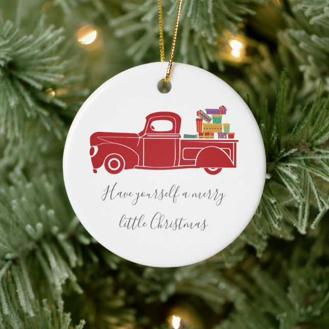 Vintage Red Christmas Truck Photo Ceramic Ornament (Tree)