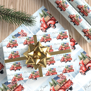 Vintage Red Christmas Truck USA Flag Patriotic Wrapping Paper Sheet