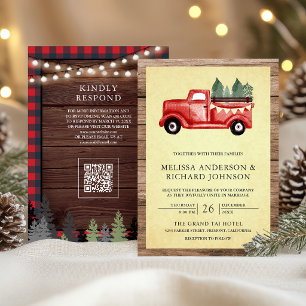 Vintage Red Christmas Truck Wood QR Code Wedding Invitation