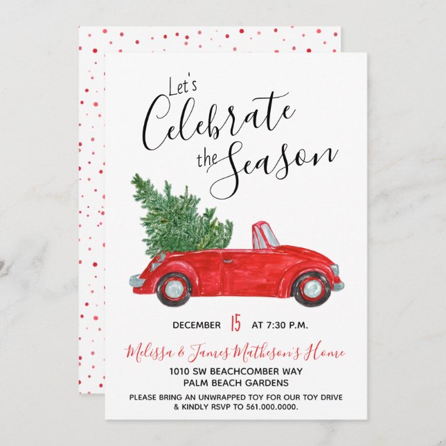Vintage Red Convertible Car Holiday Party Invitation (Front/Back)