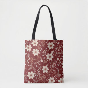 Vintage Red Cottage Botanical Floral Pattern Tote Bag