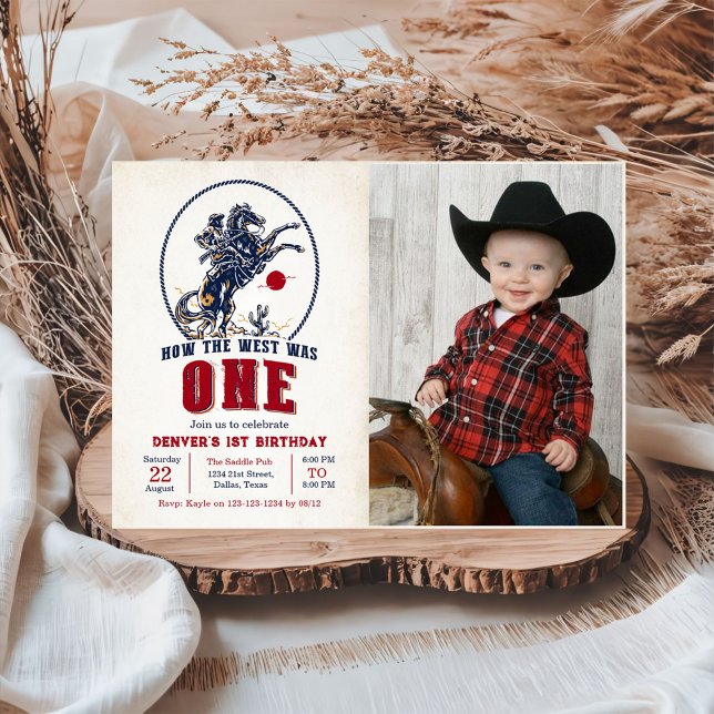 Vintage Red Cowboy Rodeo 1st Birthday Photo Invitation (Creator Uploaded)