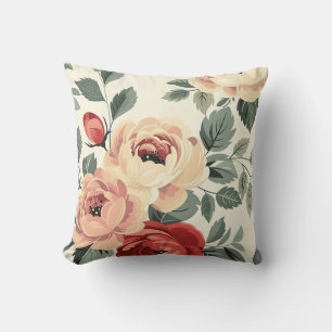 Vintage Red Cream Botanical Romantic Chic Floral Cushion