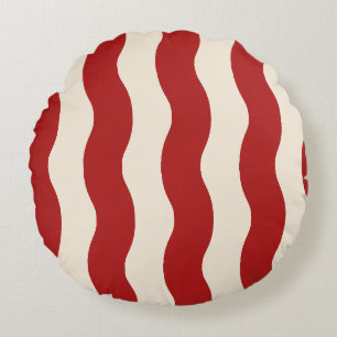 Vintage Red Cream Wavy Stripes Retro Carnival Round Cushion