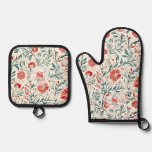 Vintage Red Daisy Floral Pattern - Botanical Oven Mitt & Pot Holder Set