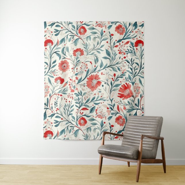 Vintage Red Daisy Floral Pattern - Botanical Tapestry (In Situ)