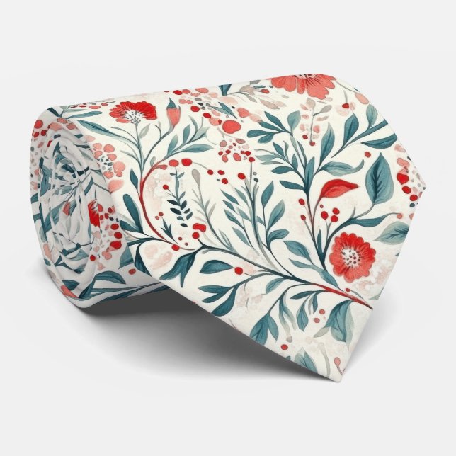 Vintage Red Daisy Floral Pattern - Botanical Tie (Rolled)
