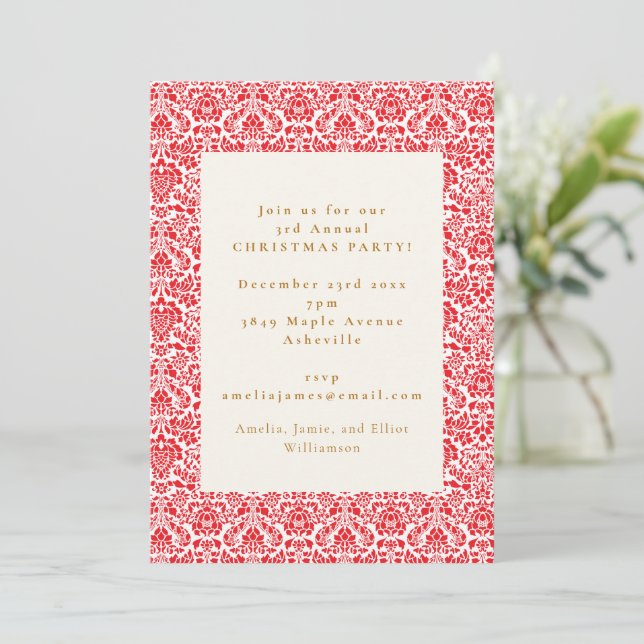 Vintage Red Damask Festive Christmas Party Invitation (Standing Front)