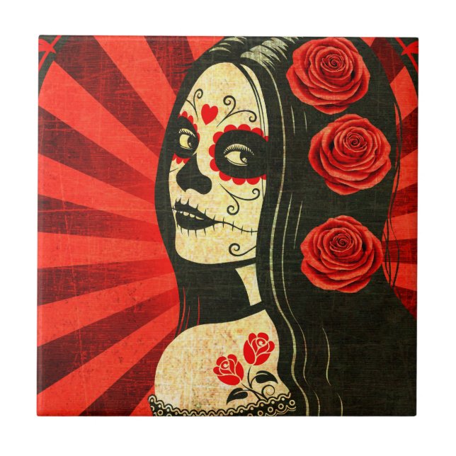 Vintage Red Day of the Dead Girl Tile (Front)