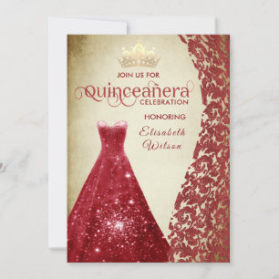 Vintage red dress damask gold tiara Quinceañera I Invitation