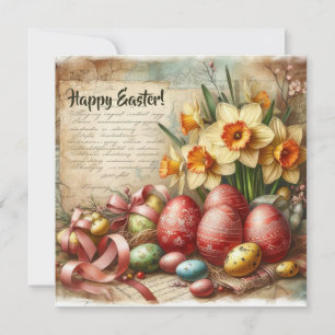 Vintage red Easter eggs watercolor daffodils Holiday Card