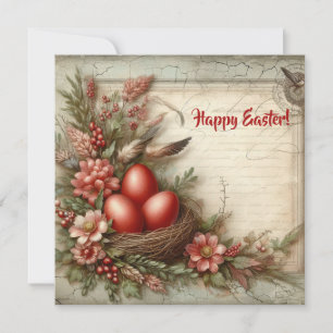 Vintage red Easter eggs watercolor spring flowers Holiday Card