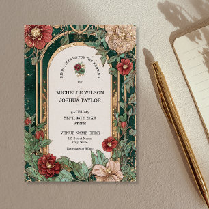 Vintage Red Emerald Floral Frame Art Nouveau Invitation