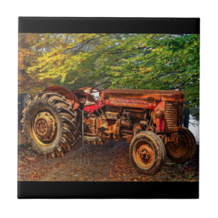 Vintage Red Farm Tractor Ceramic Tile