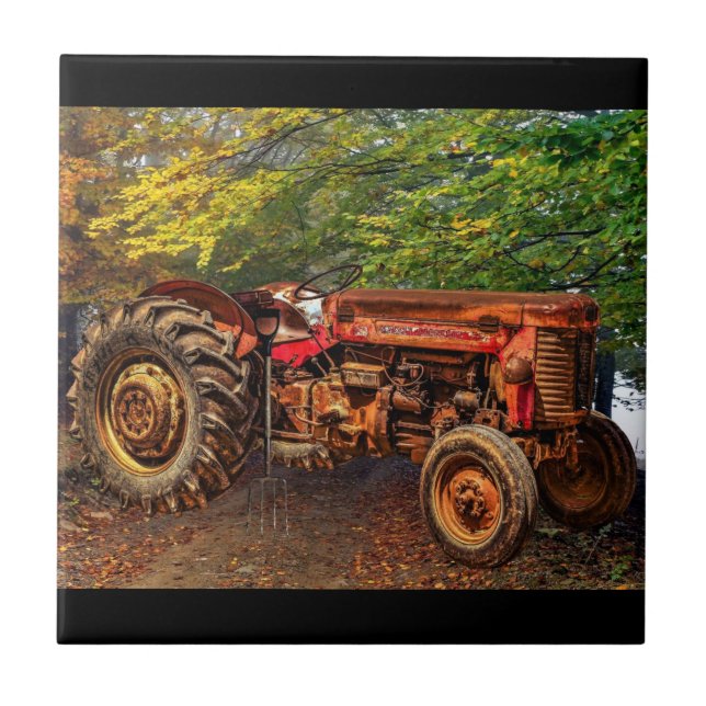 Vintage Red Farm Tractor Ceramic Tile (Front)