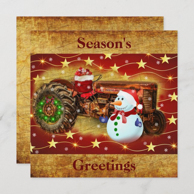 Vintage Red Farm Tractor Christmas Holiday Card (Front/Back)