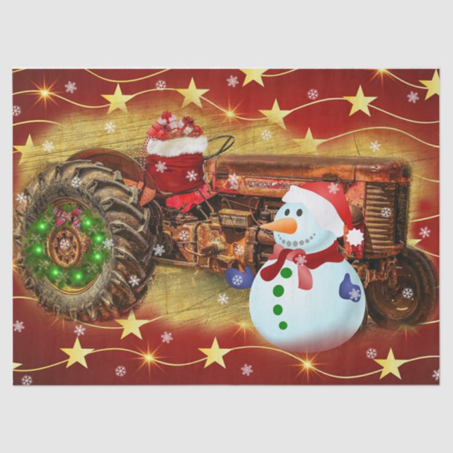 Vintage Red Farm Tractor Christmas Tissue Paper (Front)