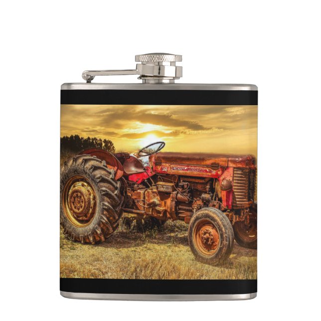 Vintage Red Farm Tractor Hip Flask (Front)