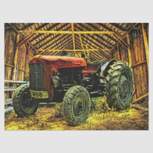 Vintage Red Farm Tractor In Barn Tissue Paper