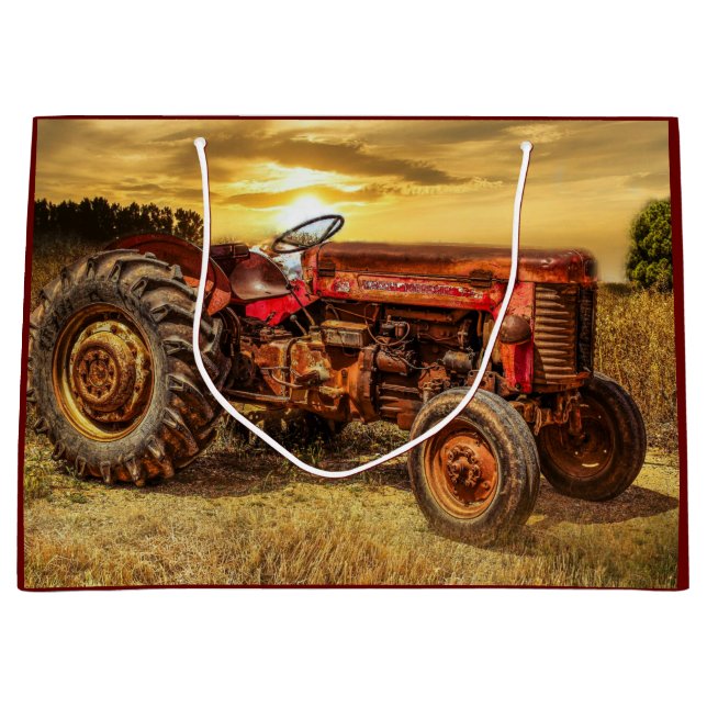 Vintage Red Farm Tractor Large Gift Bag (Front)