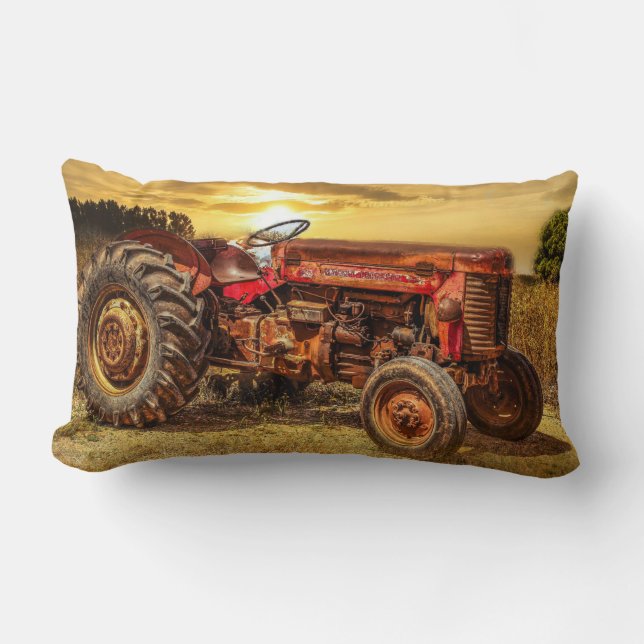 Vintage Red Farm Tractor Lumbar Cushion (Front)