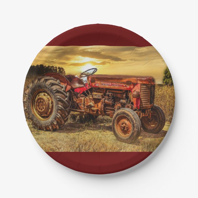Vintage Red Farm Tractor Paper Plate (Front)