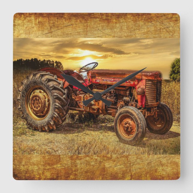 Vintage Red Farm Tractor Square Wall Clock (Front)