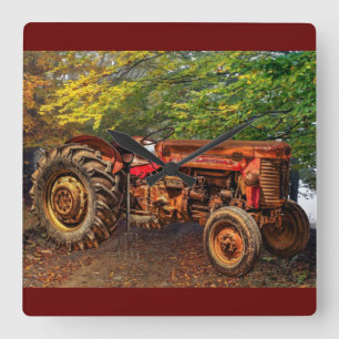 Vintage Red Farm Tractor Square Wall Clock