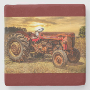 Vintage Red Farm Tractor Stone Coaster