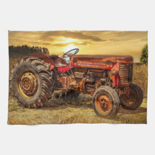 Vintage Red Farm Tractor Tea Towel